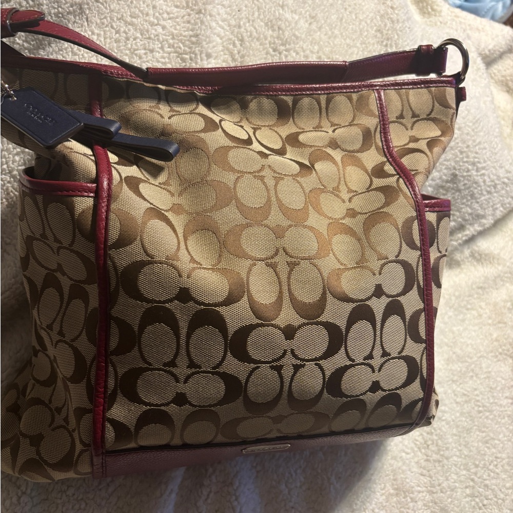 Coach Park Signature Hobo Red/Khaki/ Crimson Shoulder Bag. 16” W x 14” T x 6” D